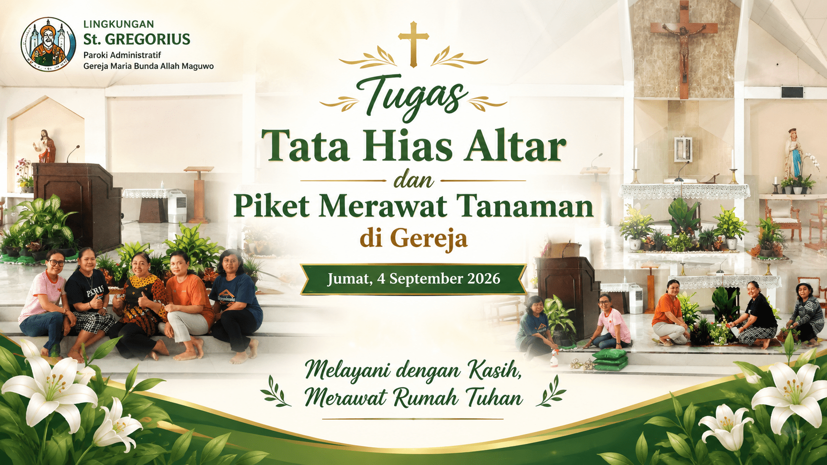 Umat Lingkungan St. Gregorius bersama hasil tata hias altar